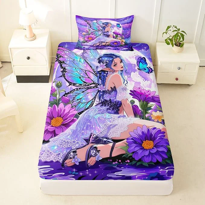Green Erosebridal Fairy Girl Fitted Sheet Twin Flower Fairytale Bed Sheets for Boys Girls Blue Butterfly Floral Decor Bed Set Purple Galaxy Moon Sheets with 1 Pillowcase High-Quality