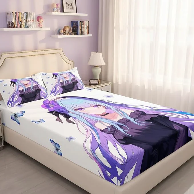 Smooth Erosebridal 3D Japanese Anime Girl Bedding Set – Kawaii Decorations Fitted Sheet Cute Preppy Sheets Queen 1 Fitted Sheet 2 Pillowcases No Flat Sheet Pure
