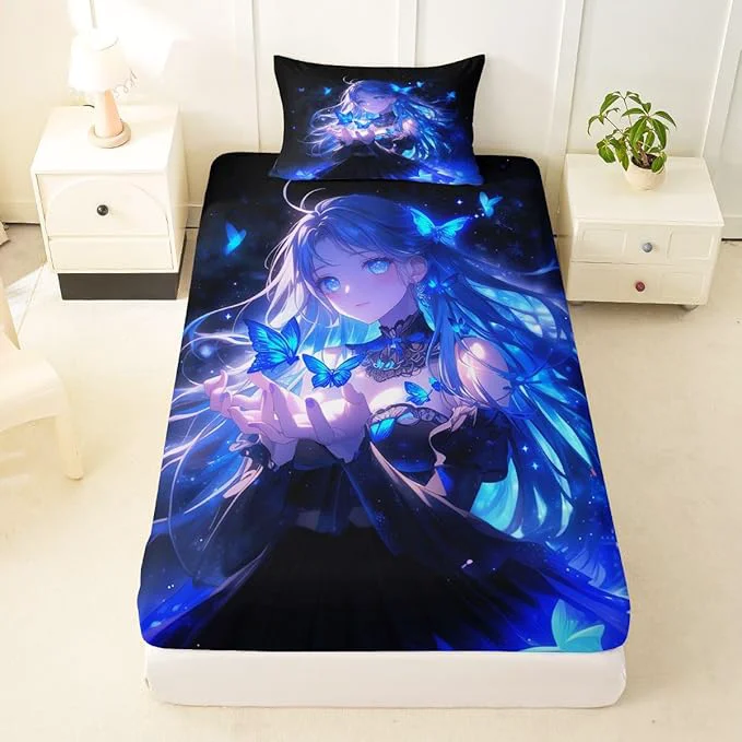 Responsible Erosebridal 3D Japanese Girl Fitted Sheet for Boys Girls Kids Blue Butterfly Decorations Twin Bed Sheets Cartoon Sheets Anime Gifts for Her Bedding Sets No Top Sheet Excellent