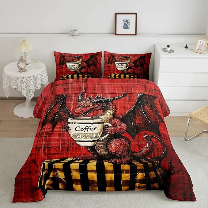 Fast Feelyou Dragon Comforter Set Queen Size Dragon Stuff Comforter for Boys Girls Teens Wild Life Bedding Set Coffee Duvet Set Room Decor Red Quilt Set Environmentally Friendly