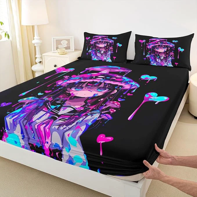 High-Quality Erosebridal Mushroom Girl Fitted Sheet Full 3D Japanese Girly Bed Sheets for Boys Girls Watercolor Graffiti Bed Set Cute Anime Gifts Sheets with 2 Pillowcases Flexible
