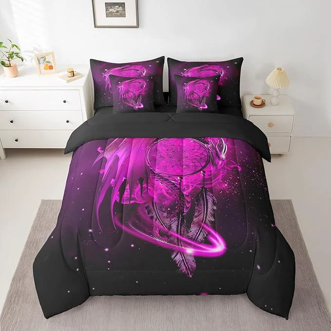 Optimized Erosebridal Gothic Dragon Dream Catchers Bed in a Bag Queen Comforter Set 7 Piece Peach Fuchsia Galaxy Bohemian Feather Bedding Sets Antique Animal Pterosaur Sheet Set with Comforter Casual