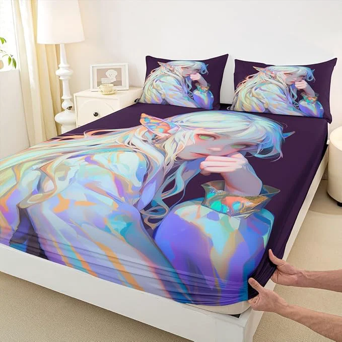 Original Design Anime Girl Bed Sheets 3D Japanese Bedding Set Kawaii Girly Fitted Sheet with Deep Pocket Anime Lovers Gifts Fitted Bed Sheets Soft Lightweight Sheets for All Season Queen 3Pcs Flexible