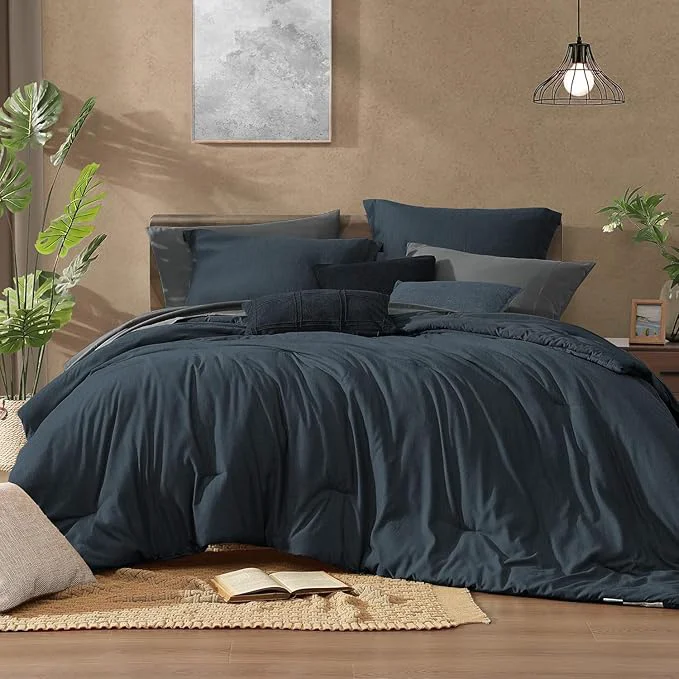 Pure Monbix California King Comforter Set – 7 Pieces Cationic Dyeing Navy Blue Bed in a Bag Cal King Bedding Sets with Comforter Sheets Pillowcases amp Shams Reversible Bedding Comforters Sets Minimalist