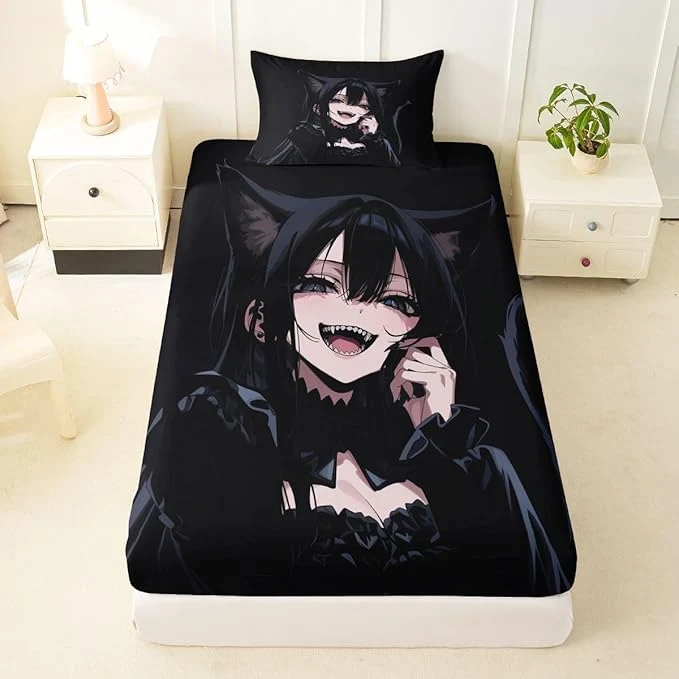 Fine Erosebridal Anime Girl Twin Bed Sheets 3D Japanese Fitted Sheet Gothic Style Cat Girls Kids Bedding Sets Cool Anime Gift Sheets with 1 Pillowcase Top-Quality