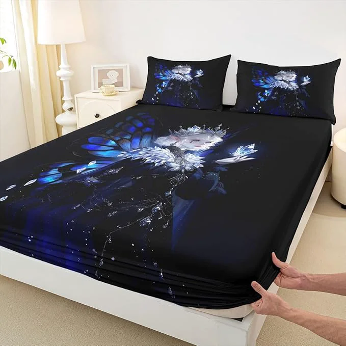Long-Lasting Erosebridal Gothic Girls Fitted Sheet for Boys Girls Kids A Girl Wearing A Crown Full Bed Sheets Butterfly Diamond Feather Print Sheets Coquette Princess Bedding Sets No Top Sheet Trendy