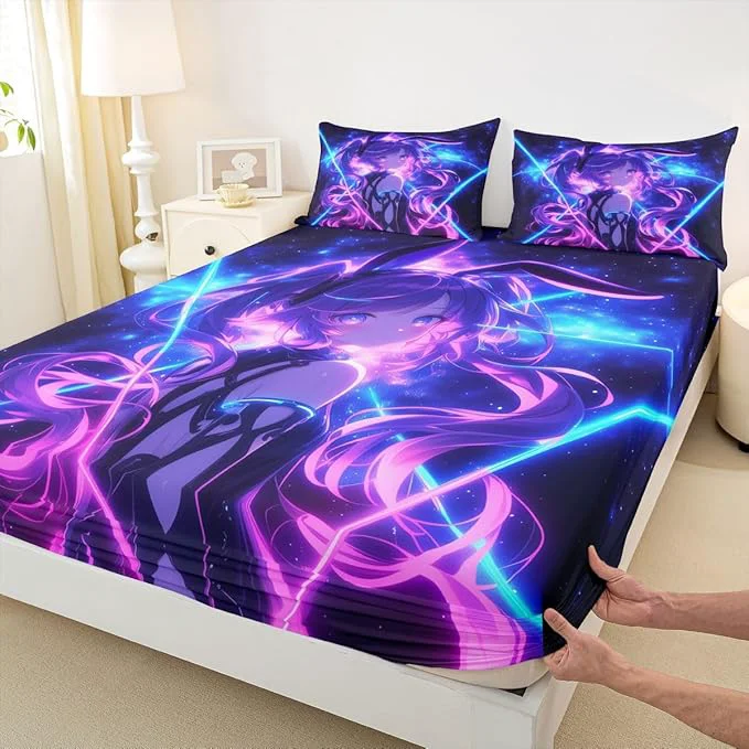 Original Erosebridal 3D Anime Queen Bed Sheets Japanese Girl Fitted Sheet Girly Galaxy Stars Kids Bedding Sets Purple Neon Sheets with 2 Pillowcases Elite