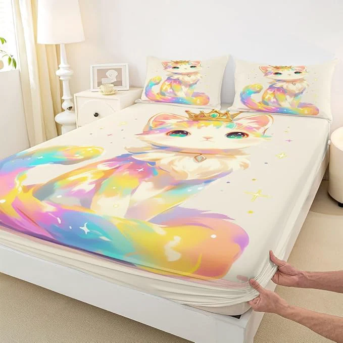 Relaxed 3D Anime Cat Bedding Set for Animal Lovers Cartoon Lovely Cat Fitted Sheet Queen Kawaii Colorful Pet Bed Sheets for Girls Boys Kids Cartoon Gifts Decor for Bedroom 1 Fitted Sheet 2 Pillowcases Traditional