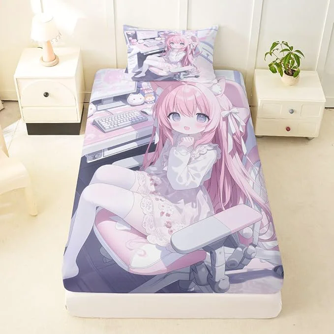 Relaxed Erosebridal Kawaii E-Sports Girl Fitted Sheet Twin 3D Japanese Girl Bed Sheets for Boys Girls Girly Gaming Bed Set Anime Gifts for Her Sheets with 1 Pillowcase Genuine