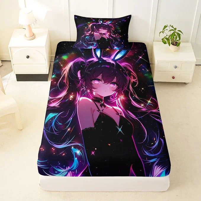 Consistent Erosebridal Cute Bunny Girls Twin Bed Sheets Japanese Anime Girl Fitted Sheet Cartoon 3D Kids Bedding Sets al Neon Stars Sheets with 1 Pillowcase Optimized