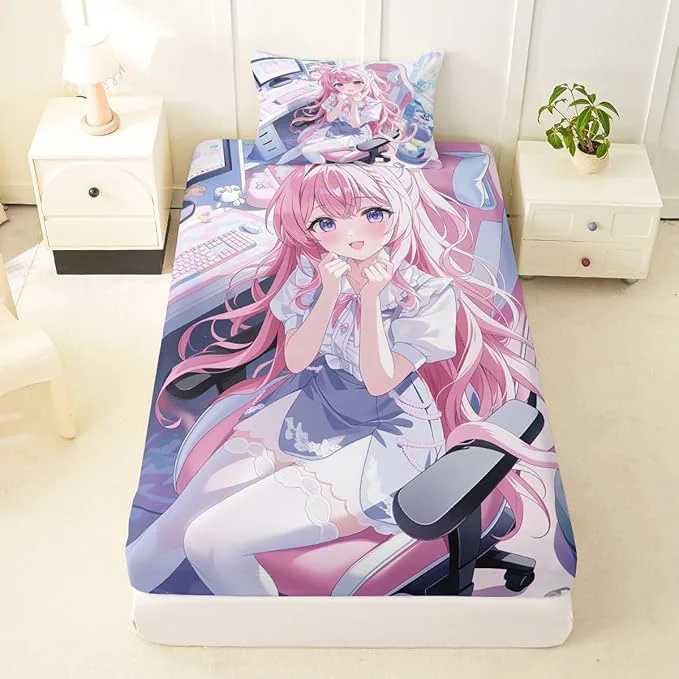 Soft Erosebridal Kawaii Japanese Girl Fitted Sheet for Boys Girls Kids Cartoon Anime Twin Bed Sheets Girls Gamer Sheets 3D Japanese Style Bedding Sets No Top Sheet Optimized