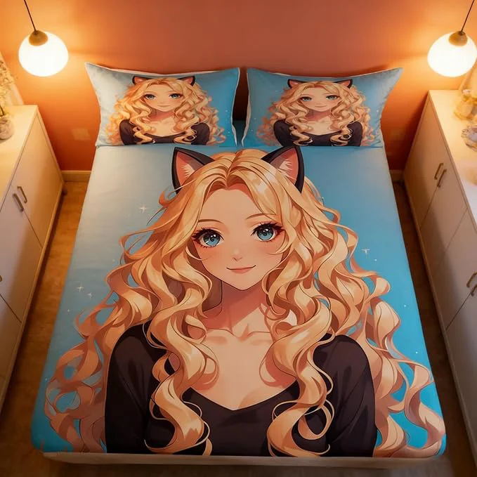 Environmentally Friendly Erosebridal Kawaii Cat Girl Cute Fitted Sheet 3D Japanese Style Bedding Set Japanese Anime Girl Sheets Twin 1 Fitted Sheet 1 Pillowcase No Flat Sheet Refined