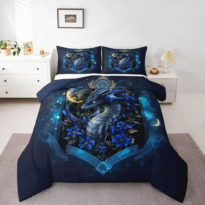 World-Class Feelyou Dragon Bedding Set Soft for Boys Girls Wild Life Comforter Set Queen Size Jungle Dragon Duvet Quilt Microfiber Wild Animal Bedroom Decor Dull Blue 3 Pcs with 2 Pillow Cases Reliable