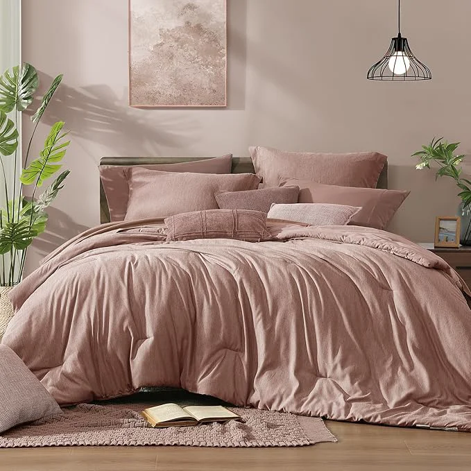 Solid Monbix King Size Comforter Set 7 Pieces Dusty Pink Cationic Dyeing Bed in a Bag King with Comforter Sheets Pillowcases amp Shams All Season Reversible Bedding Comforters User-Friendly