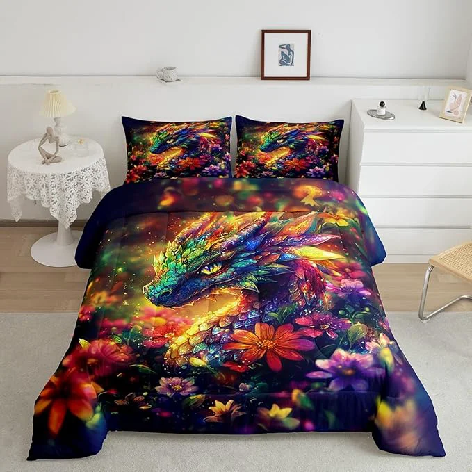 Quality Feelyou Dragon Comforter Set Queen Size Shiny Dragon Comforter for Boys Girls Teens Wild Life Bedding Set Dragon Decor Duvet Set Room Decor Muticolor Quilt Set Breathable