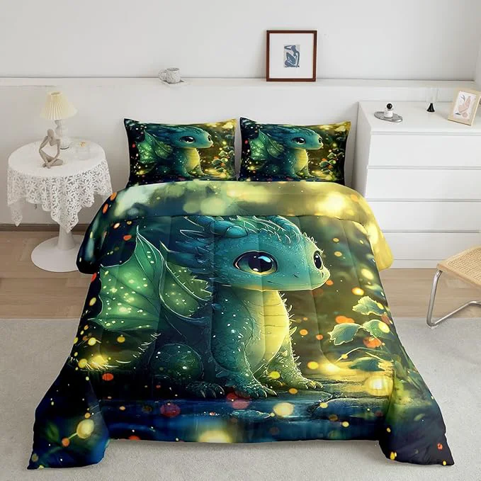 User-Friendly Feelyou Dragon Comforter Set King Size Dragon Stuff Comforter for Boys Girls Teens Kawaii Bedding Set Dragon Decor Duvet Set Room Decor Bright Green Quilt Set Classic