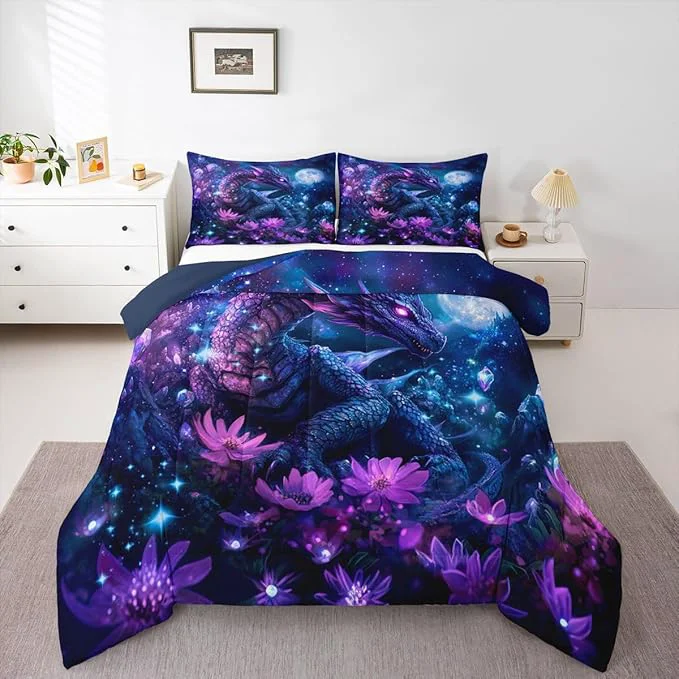 Clean Feelyou Dragon Comforter Set All Season Dragon Stuff Bedding Set with 2 Pillow Cases Wild Life Kids Full Bedclothes Wildlife Bedroom Decor Purple and Blue Duvet Quilt Breathable Soft High-End