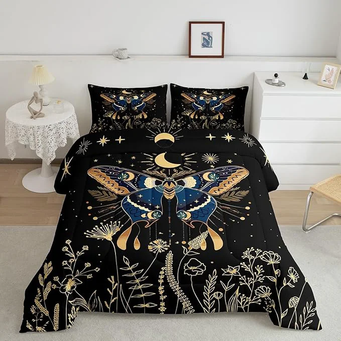 Prestigious Erosebridal Butterfly Bedding Set Full Halloween Boho Moth Comforter Set for Adult Women Men 3Pcs Black Starry Sky Down Comforter Boho Exotic Moon Star Comforter Flower Weed Botanical Duvet Insert Original