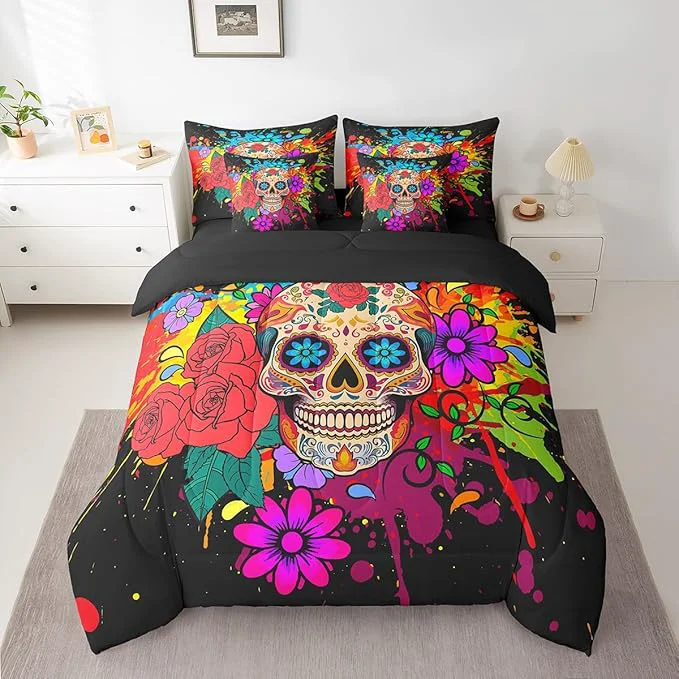 Fast Erosebridal Goth Sugar Skull Bed in a Bag Queen Comforter Set 7 Piece Rainbow Tie Dye Bedding Sets Bohemian Flowers Sheet Set with Comforter Consistent