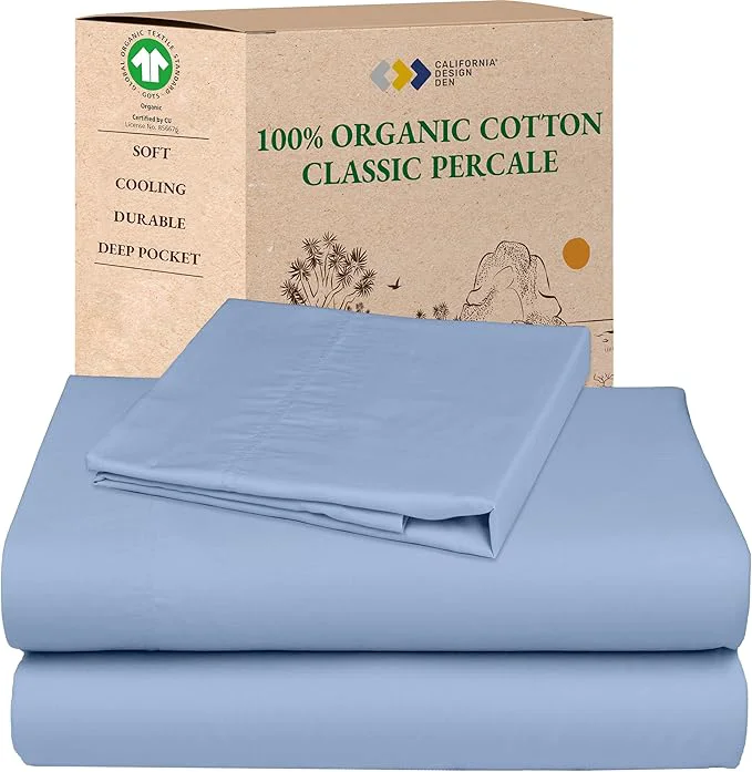 Responsible California Design Den Twin XL Sheets Set – Soft Organic Cotton Sheets Crisp and Cool Percale Deep Pockets with Anti-Skid Elastic Breathable and Durable Bedding for Dorm Room – Light Blue Powerful