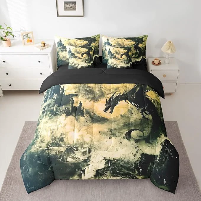 Expertly Made Erosebridal Gothic Dragon Bed in a Bag King Size Comforter Set 7 Pieces Vintage Black Fantasy Castle Bedding Sets Prehistoric Antique Animal Sheet Set with Comforter Lightweight