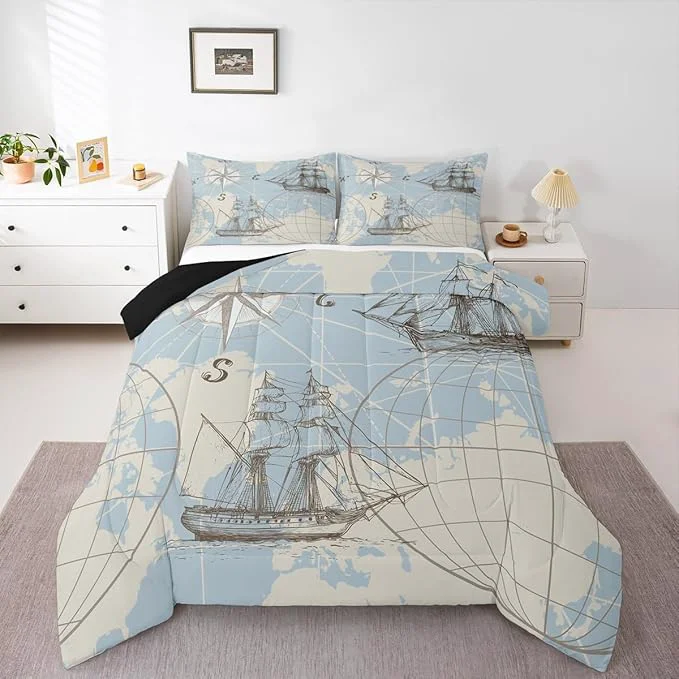 Superior Nautical Queen Comforter Set Retro Sailboat Bedding Set for Boys Girls Kids Teens World Map Sketch Down Comforter Vintage Anchor Compass Duvet Set Yacht Ship Kids Comforter Sets White Blue 3Pcs Trendy