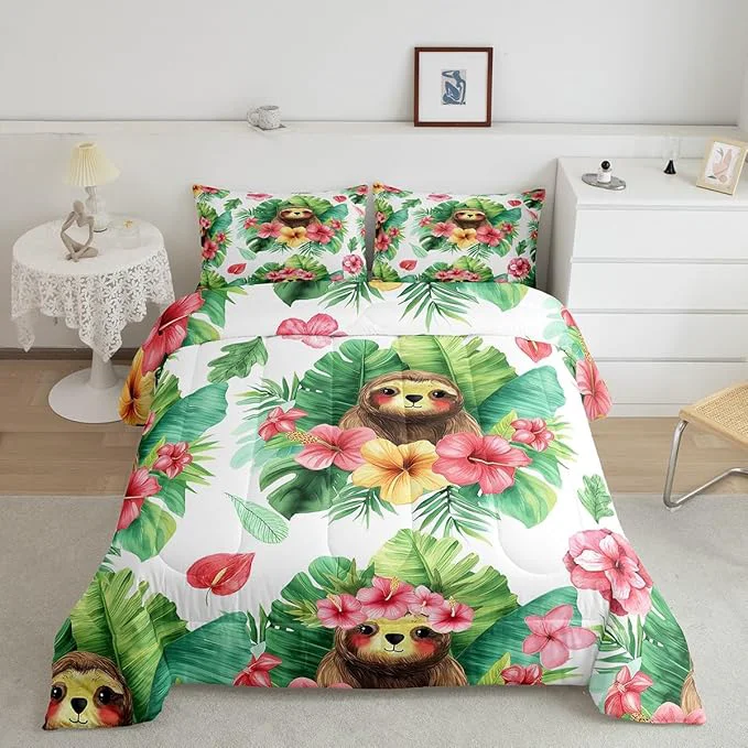Unique Erosebridal Cartoon Sloth Comforter Set Kawaii Sloth Bedding Palm Leaf Cherry Blossom Monstera Quilt Hawaiian Tropical Leaf Animal Duvet Insert for Kids Boys Girls 3Pcs King Size Traditional