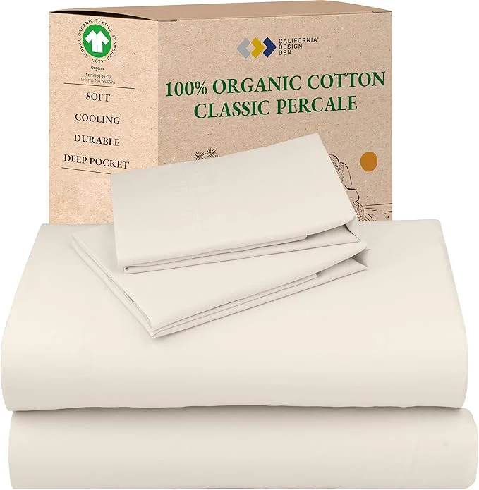 Genuine California Design Den King Sheets Set – Soft Organic Cotton Sheets with Deep Pockets Crisp Percale Breathable and Durable Bedding Set – Ivory Cream Tone Pure