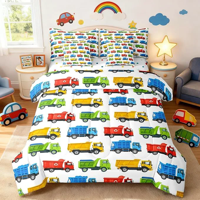 Clean Colorful Garbage Truck Comforter Set 7 Pcs Trash Trucks Decorative Bedding Sets Cartoon Car Recycling Truck Bed in a Bag with Comforter Flat Sheet Fitted Sheet 2 Pillowcases 2 Pillow Covers Full Top-Quality