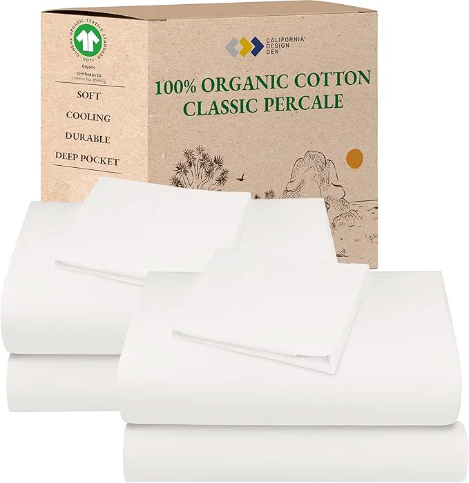 High-Quality California Design Den 2-Pack Organic Cotton Bed Sheets Twin Size Set – Crisp and Breathable Percale Sheets Deep Pockets Lightweight Bedding Set – True Ivory Certified