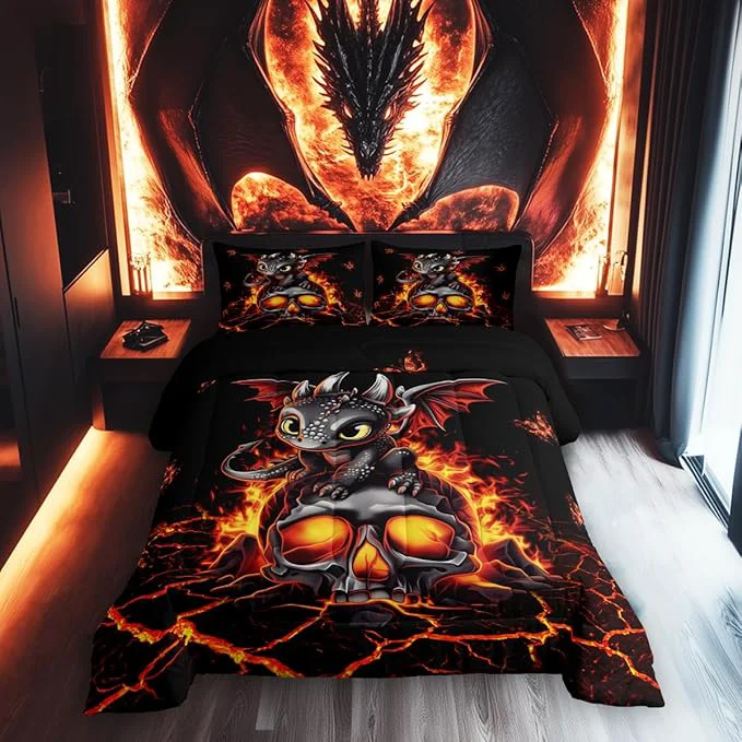 Genuine Cartoon Dragon Bedding Set King Size Black Skull Flame Crack Comforter for Child Toddler Teens Lovely Halloween Dragon Down Comforter Neon Red Butterfly Duvet Insert with 2 Pillowcases Convenient