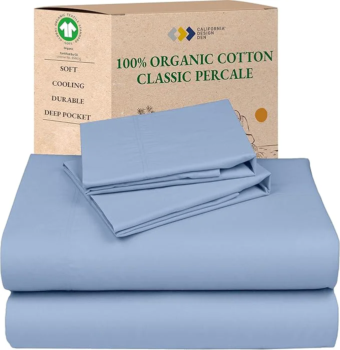 Relaxed California Design Den Soft Organic Cotton Queen Sheet Set – Crisp and Cool Percale Deep Pocket Organic Cotton Sheets with Anti-Skid Elastic Breathable and Durable Bedding Set – Light Blue Proven