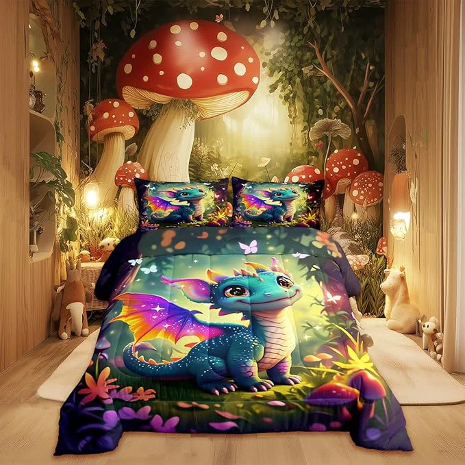 Classic Cute Dragon Comforter Set Full Size Mushroom Floral Butterfly Bedding Set Bedroom Decor for Kids Boys Girls Fantasy Purple Orange Wings Dragon All Season Blanket Gift Dragons Lover Son Birthday 3Pcs Excellent