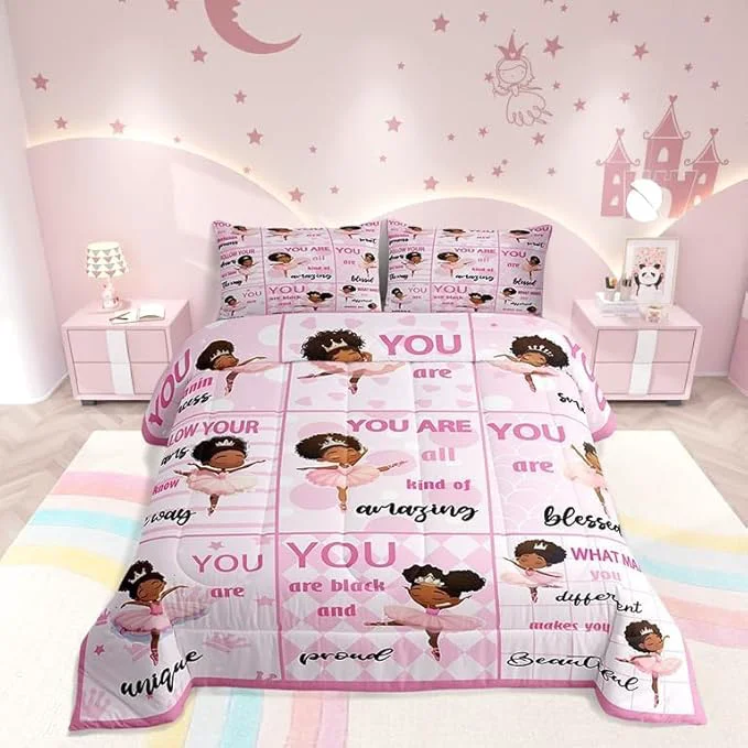 Long-Lasting Castle Fairy Kawaii Girly Ballet Comforter Set Twin Size American Style Princess Bedding Set Bedroom Decor Motivational Quotes Quilt Set for Kids Girls Pink Artistic Dancer Duvet Insert 2 Pcs Organic