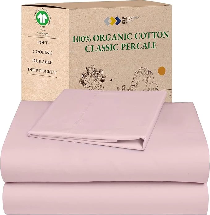 Excellent California Design Den Soft Organic Cotton Bed Sheets Twin Size Set with Deep Pockets – Crisp Percale Sheets Breathable and Durable Bedding Set Pink – Chalky Tone