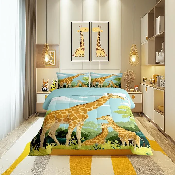 Top-Quality Cartoon Giraffe Comforter Set King Size for Kids Cute Tropical Wild Animal Bedding Sets All Season Blue Sky Jungle Trees Quilt Set Bedroom Decor Tallest Neck Animal Down Comforter 3Pcs Comfortable