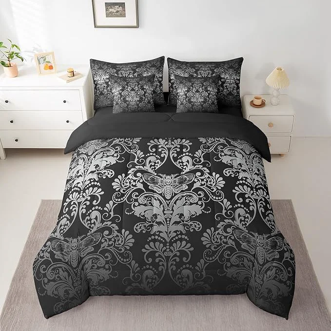 Enhanced Erosebridal Gothic Damask Bed in a Bag King Size Comforter Set 7 Pieces Exotic Moth Bedding Sets White Black Victorian Floral Goth Sheet Set with Comforter Sophisticated