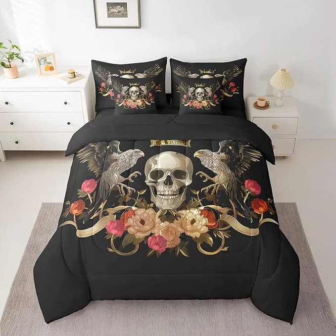 Natural Erosebridal Sugar Skull Comforter Set 7 Piece Bed in a Bag Twin Eagle Bedding Sets Bohemian Flowers Sheet Set with Comforter Solid