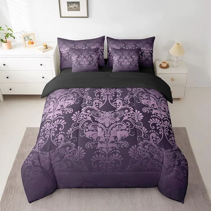 Reliable Erosebridal Gothic Damask Bed in a Bag Queen Comforter Set 7 Piece Exotic Moth Bedding Sets Purple Victorian Floral Goth Sheet Set with Comforter Efficient