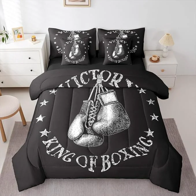 Comfortable Castle Fairy Boxing Gloves King Size Bedding Sets with Sheets Comforter Pillowcases Pillow Covers Gray Stars Decor Boxing Theme Comforter Set for Kids Teens Adults Bedroom Dorm Bed Set 7 Pcs Contemporary
