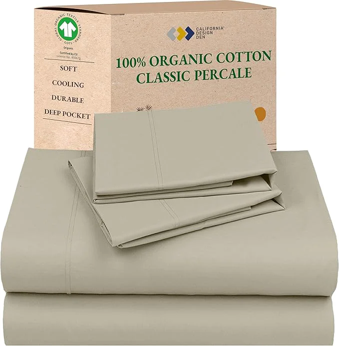 California Design Den California King Sheets Deep Pockets Set – Soft Organic Cotton Percale Sheets Breathable and Durable Bedding Set – Warm Taupe Certified