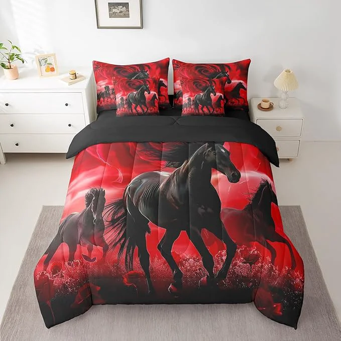 Durable Erosebridal Horse Bed in a Bag Queen Comforter Set 7 Piece Red Rose Flowers Bedding Sets Western Animals Sheet Set with Comforter Fast