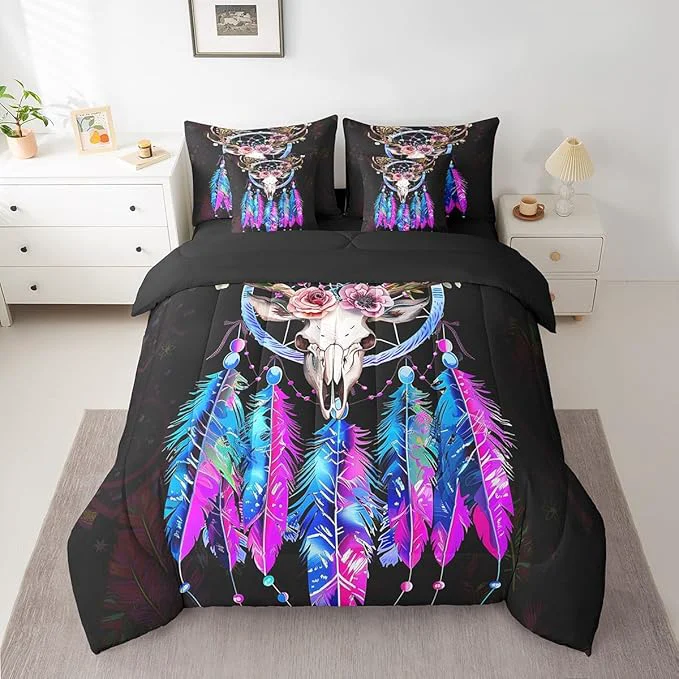 Minimalist Erosebridal Bull Skull Bed in a Bag King Size Comforter Set 7 Pieces Dream Catchers Bedding Sets Bohemian Dreamcatcher Feather Sheet Set with Comforter Prestigious
