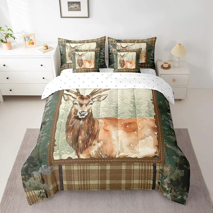 Comfortable Erosebridal Elk Deer Comforter Set 7 Piece Bed in a Bag Twin Woodland Animals Bedding Sets Camouflage Sheet Set with Comforter Functional