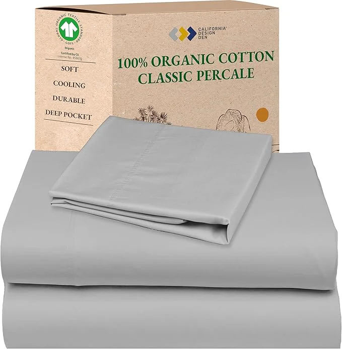Classic California Design Den Twin XL Sheet Sets – Soft Organic Cotton Sheets with Deep Pockets Crisp Percale Breathable and Durable Bedding Set Dorm Essentials for Guys – Light Grey Responsible