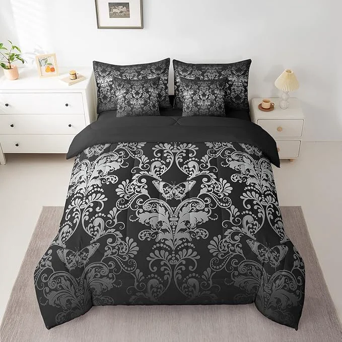 Flexible Erosebridal Gothic Damask Bed in a Bag Queen Comforter Set 7 Piece Butterfly Skull Bedding Sets White Black Victorian Floral Goth Sheet Set with Comforter Fine Crafted