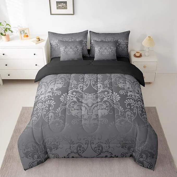 Flexible Erosebridal Gothic Damask Bed in a Bag Queen Comforter Set 7 Piece Exotic Moth Bedding Sets Silver Gray Victorian Floral Goth Sheet Set with Comforter Excellent