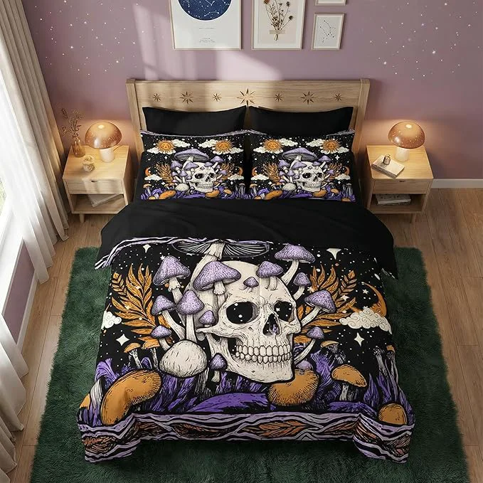 Exclusive Nesker Comforter Set Full Size Skeleton Tarot Astrology 7 Pcs Bedding for Kids and Adults Purple Mushroom Bed Sheet Sets with Fitted Sheet 2 Pillowcases amp 2 Shams Innovative