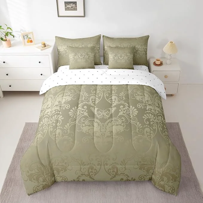 Reliable Erosebridal Gothic Damask Bed in a Bag King Size Comforter Set 7 Pieces Butterfly Skull Bedding Sets Olive Grey Victorian Floral Goth Sheet Set with Comforter Convenient