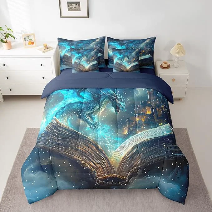 Carefully Designed Flying Dragon Bed in a Bag Comforter Set al Book Pattern King Size 7 Pieces for Kids Teens Vintage Mid-Century Castle Bedding Set with Comforter Sheet Set Pillowcases Pillow Covers Convenient